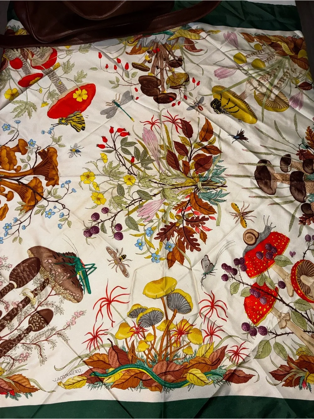 1960’s vintage Gucci Green Botanical Print Silk Scarf, xl 34”